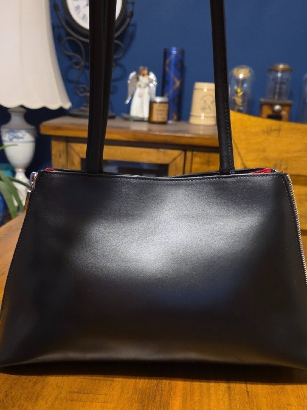 Furla Black Leather Satchel w/ Red Interior – Made in Italy